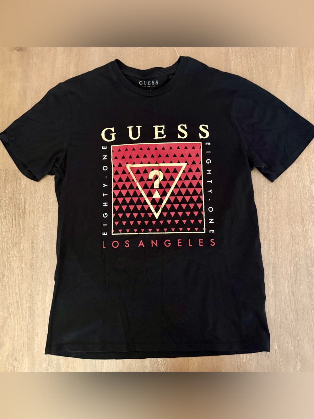 Guess Black Short-Sleeve Tee with Red Gradient Triangle Logo